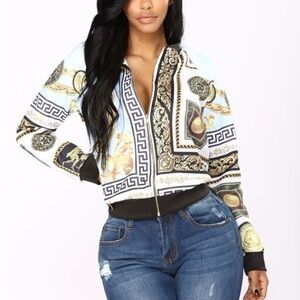 Fashion Nova baroque Printed Bomber Jacket in White, Black & Gold